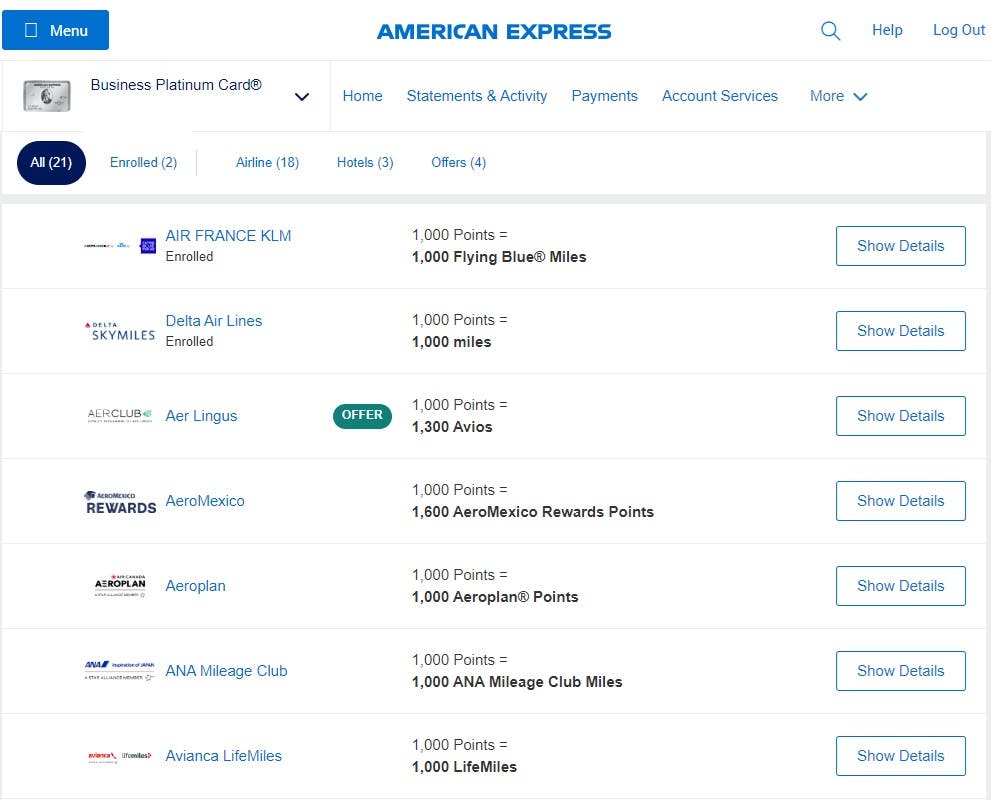 Screenshot of American Express account management page