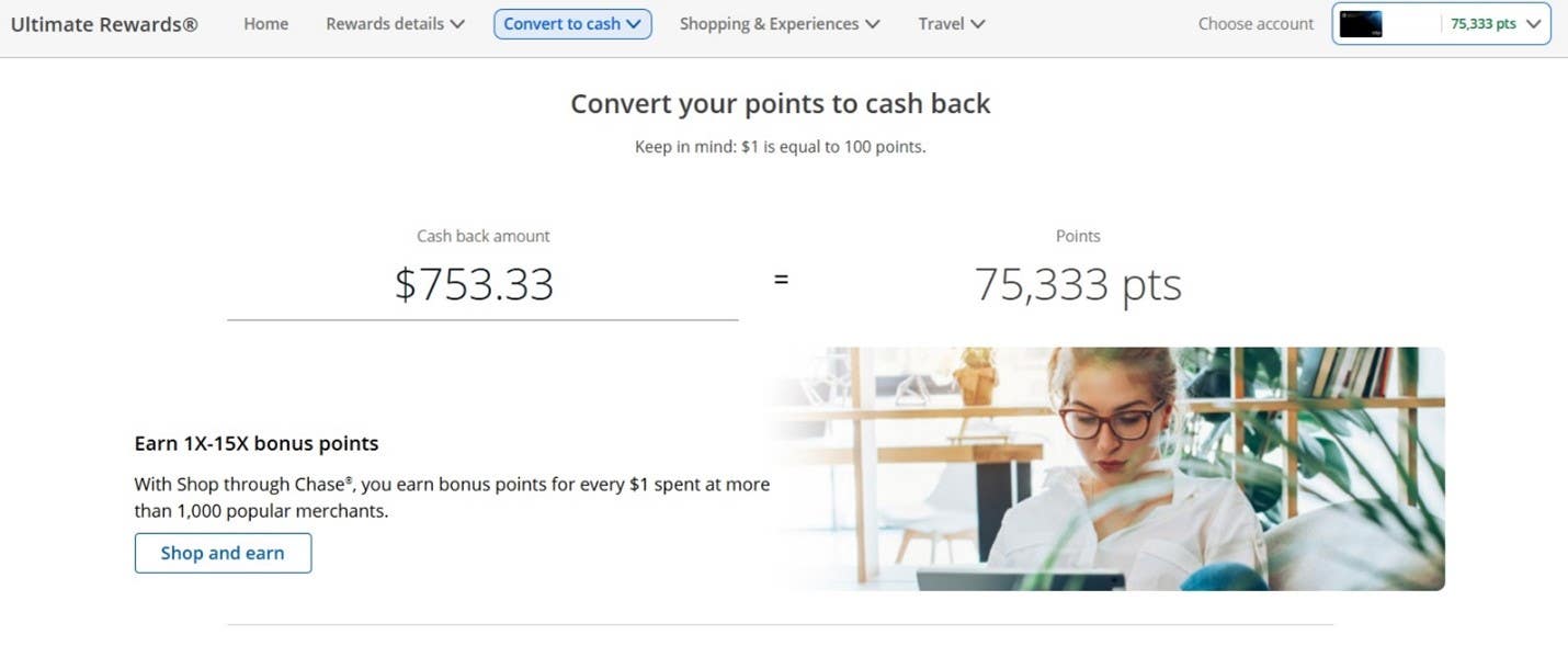 Screenshot showing the redemption value for 75,333 Chase points if redeemed for cash back or statement credits. 75,333 points is worth $753.33 USD.